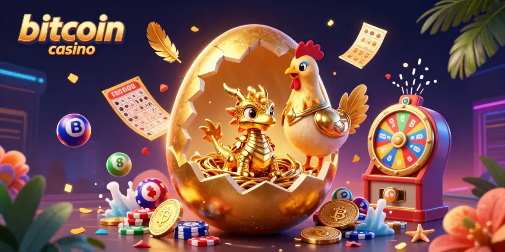 Enjoy thrilling gameplay at a vibrant bitcoin casino showcasing a baby dragon amid colorful gaming elements.