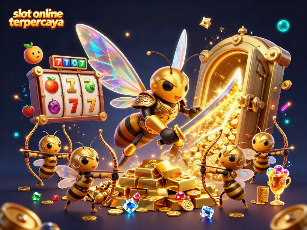 Hornet raksasa dalam armor samurai di lingkungan slot online terpercaya, menampilkan elemen slot berkilau.