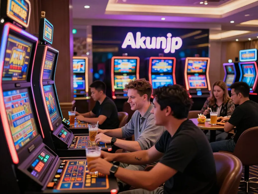 A vibrant gambling lounge where players engage with luxurious slot machines, showcasing akunjp in an exciting digital gaming atmosphere.