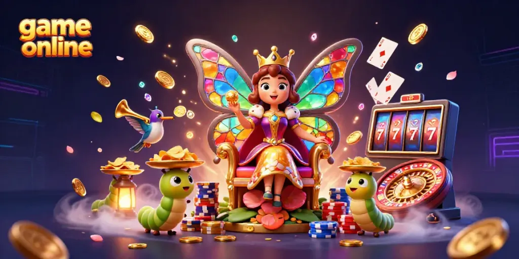 Engage with exciting game online dynamics featuring a whimsical butterfly queen amidst vibrant casino elements.