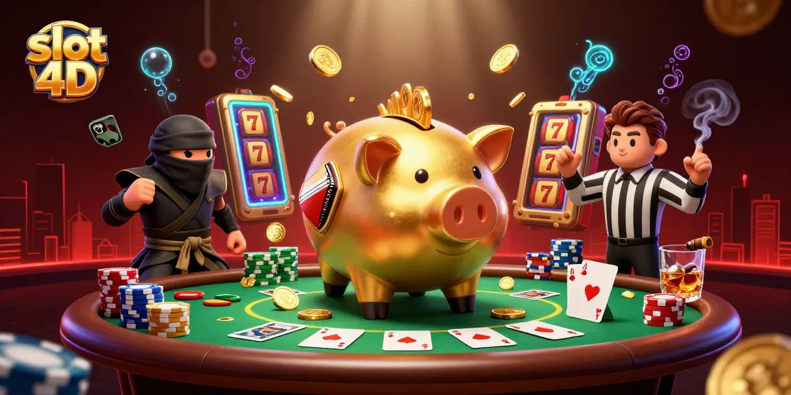 Engage with slot 4D, a colorful animated scene featuring a golden piggy bank sumo wrestler surrounded by vibrant poker themes.