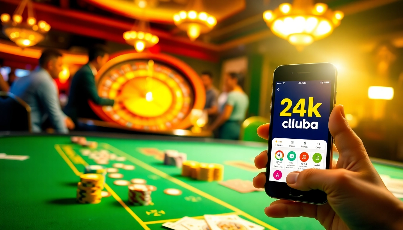 Engage in thrilling games with the app 24kclub displayed on a smartphone amid casino action.