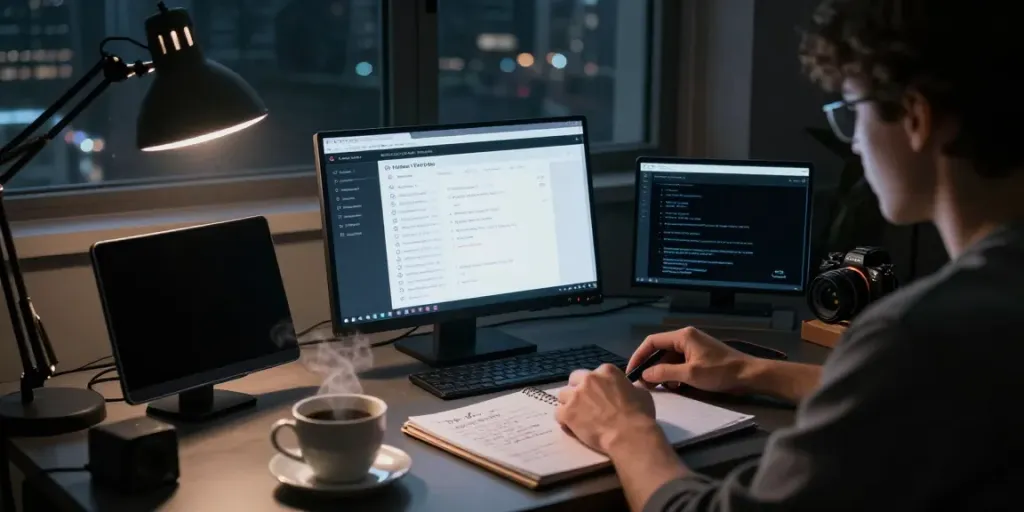Deep dive into hidden wiki dark web research, showcasing a focused person studying on dual monitors in a dimly lit room.