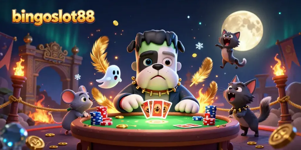 Permainan bingoslot88 dengan karakter monster dan simbol kasino yang menarik.