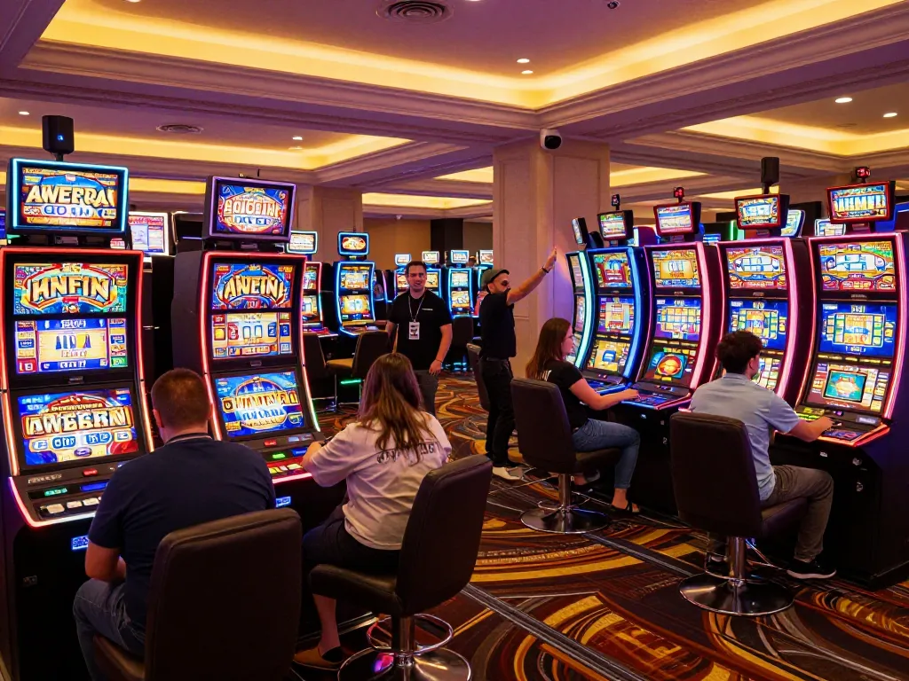 Players enjoying AW8 slot machines, vibrant energy and colorful lights in a lively casino scene
