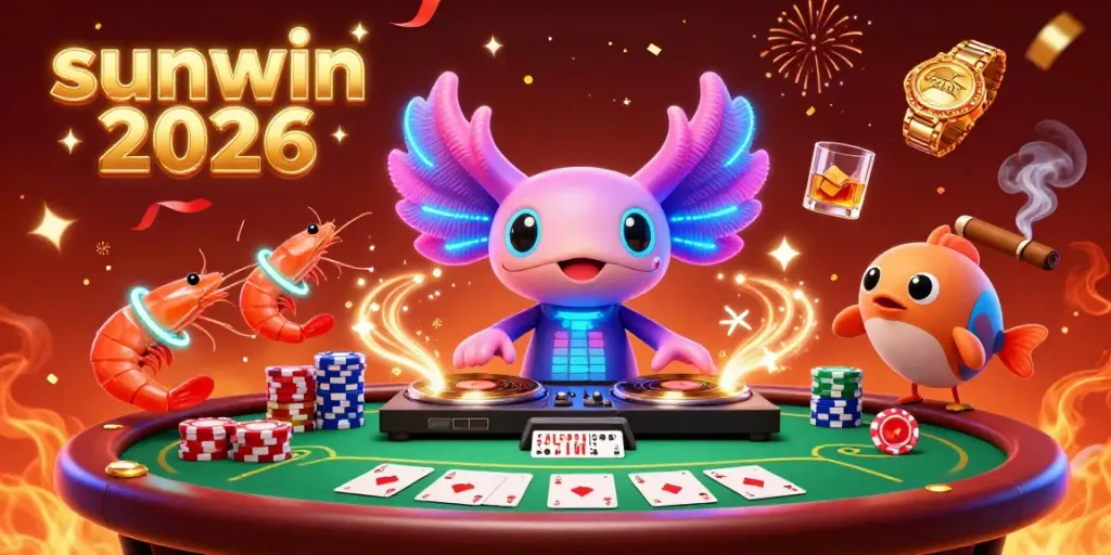 Engaging sunwin 2026 scene featuring cartoon axolotl DJ and vibrant gambling elements