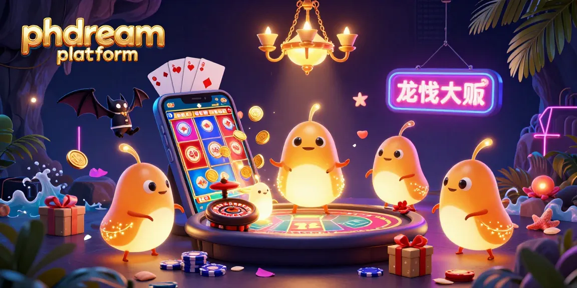 Experience the excitement of the phdream platform with a vibrant cartoon casino scene featuring glowworms and a bat dealer.