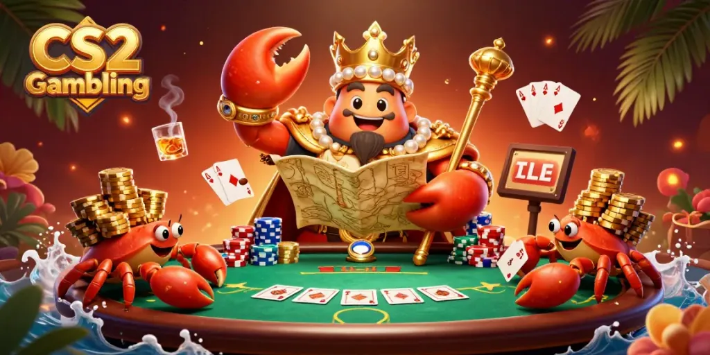 Engage in CS2 Gambling with a 3D crab emperor amid poker chips and cards.