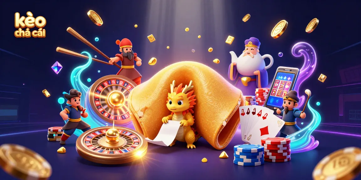 Engage with kèo nhà cái as a wise dragon reveals secrets in a golden fortune cookie surrounded by dynamic casino elements.