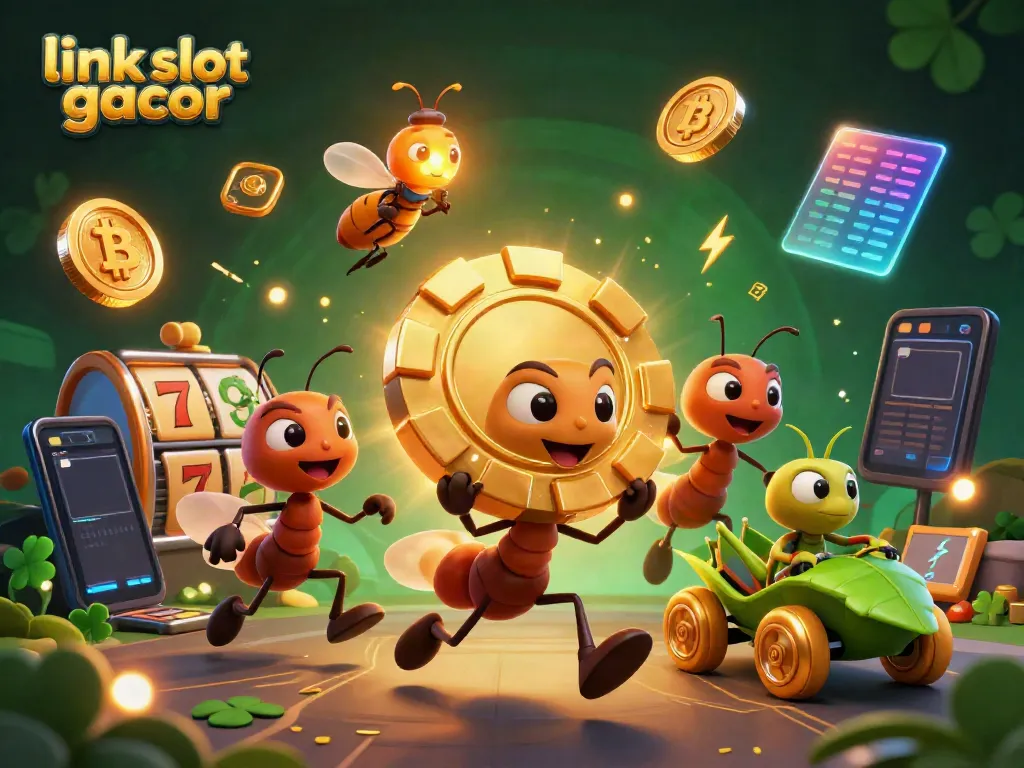 Mengakses link slot gacor sambil menikmati aksi tim semut yang membawa chip poker emas raksasa dalam ilustrasi 3D.
