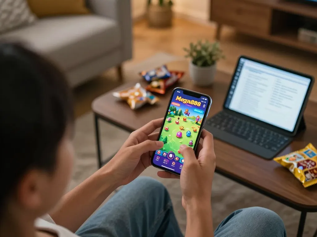 Mega888 tutorial showing player engaging on mobile device in cozy home setting