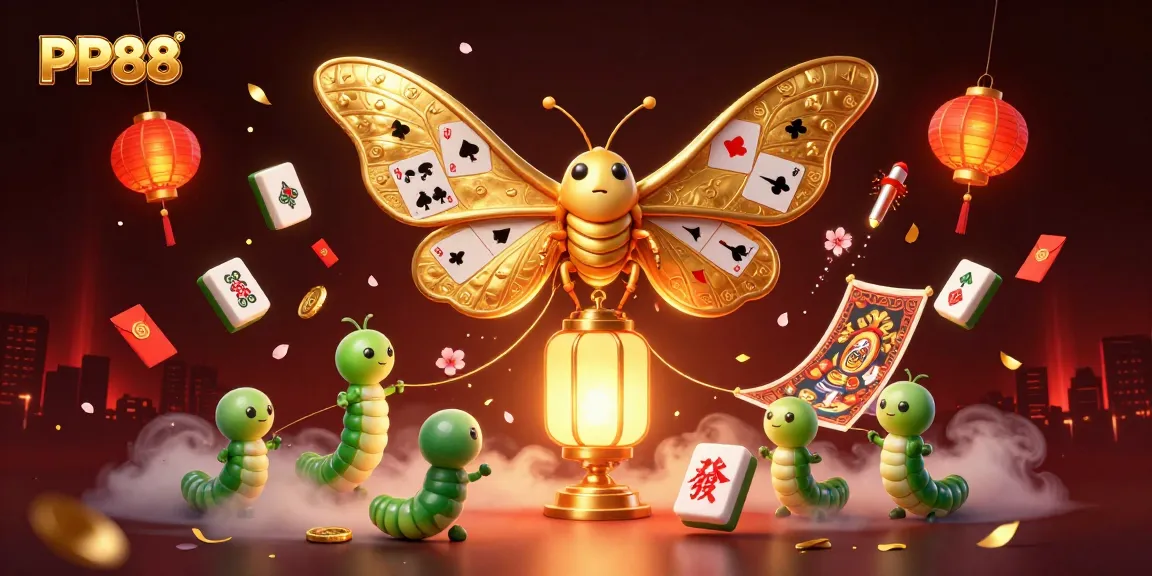 Engage in thrilling games at PP88 with a mesmerizing 3D illustration showing an atlas moth among vibrant casino elements.