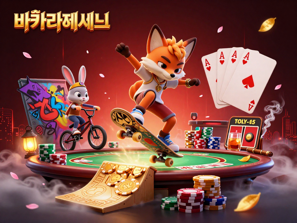 바카라사이트에서 판돈을 거는 스케이트보드를 타는 여우와 BMX 토끼가 어우러진 재미있는 장면