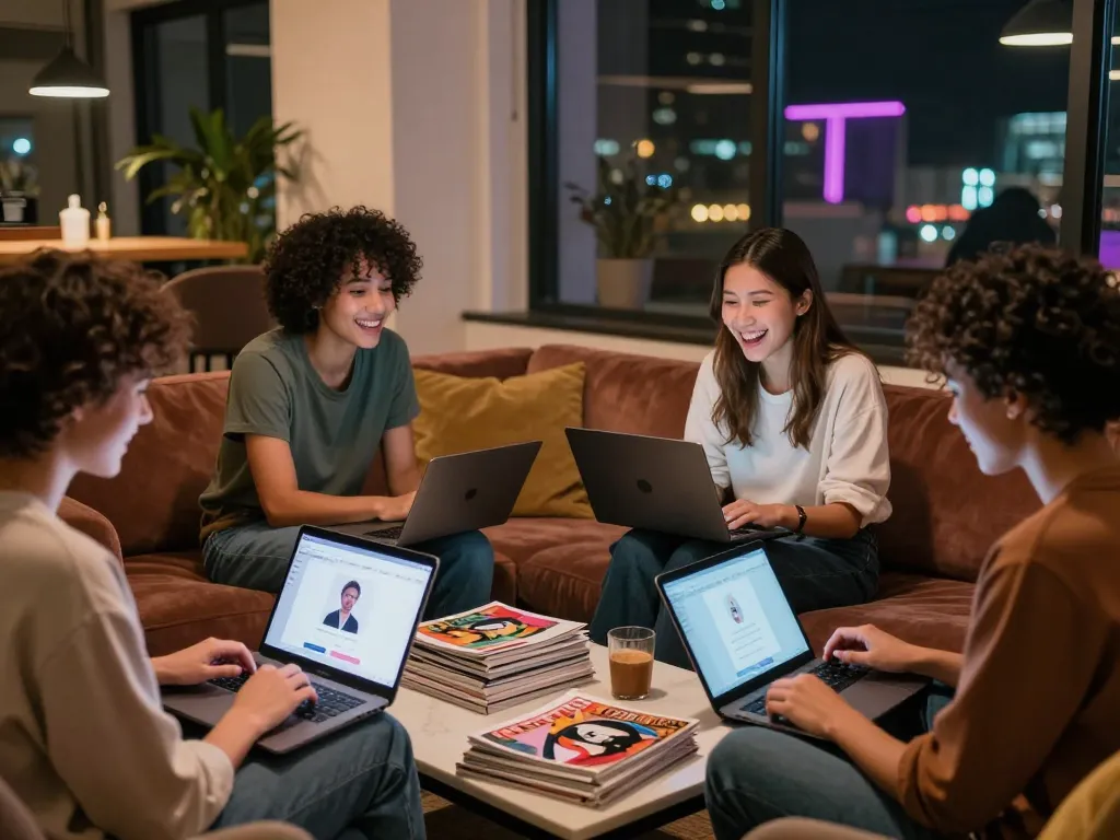 Engaging NSFW AI chat experience among friends in a cozy lounge setting