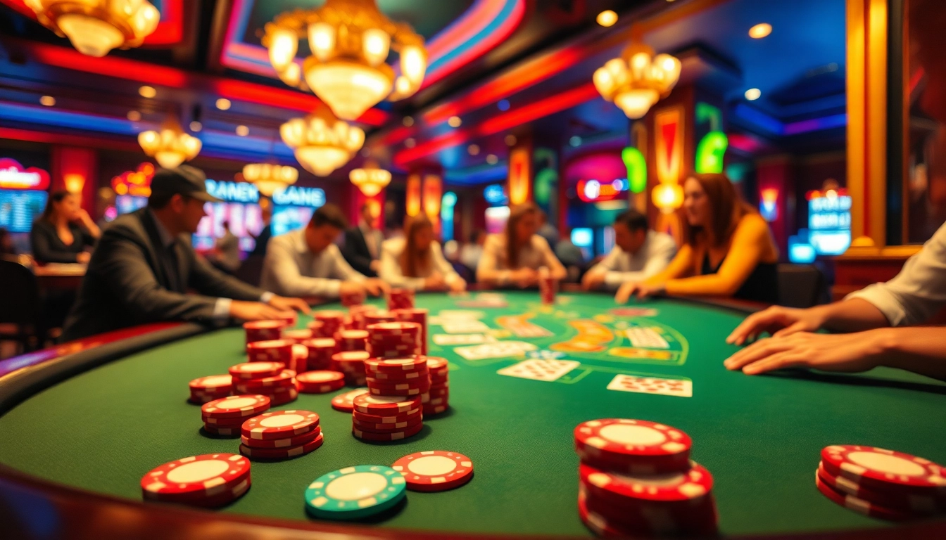 Slot deposit 5000 di meja poker yang megah, menampilkan suasana kasino yang ramai.