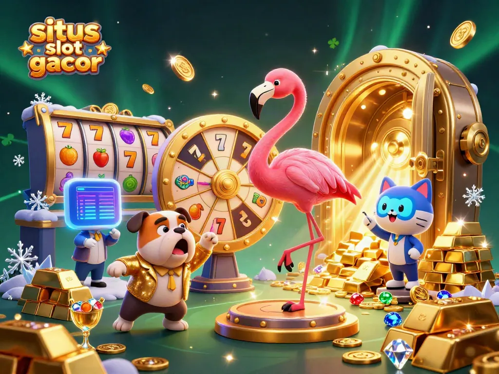Ilustrasi 3D situs slot gacor dengan flamingo host, bulldog peserta, dan kucing asisten menunjukkan hadiah.
