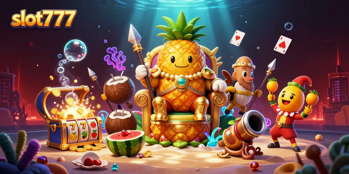 Menangkan slot777 dengan raja nanas gold dan simbol slot berwarna-warni di kasino pantai.