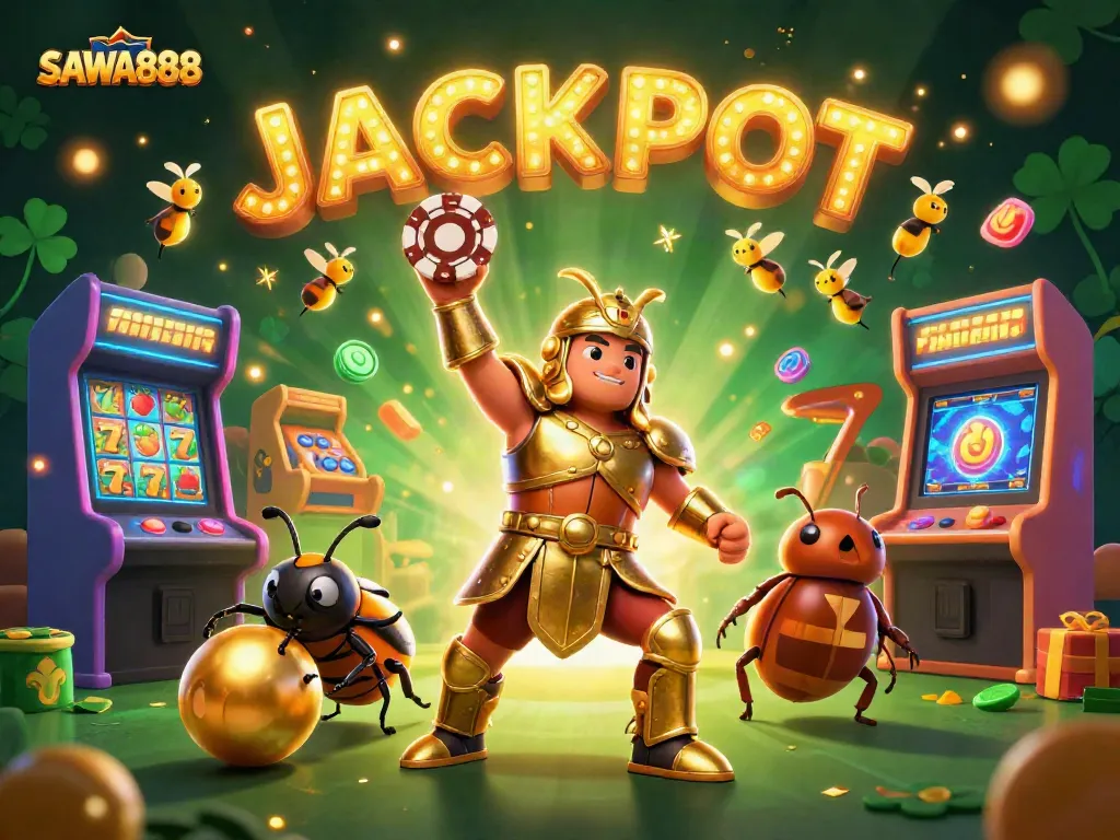 Win big at SAWA888 with a vibrant illustration of a beetle-themed casino scene.