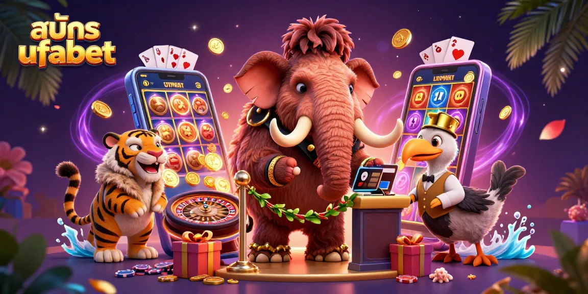 Engage with สมัคร ufabet in a vibrant 3D casino illustration featuring a mammoth bouncer and VIP elements.