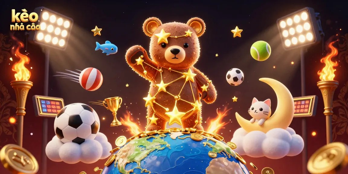 Explore kèo nhà cái in a vibrant 3D illustration filled with dynamic sports elements.