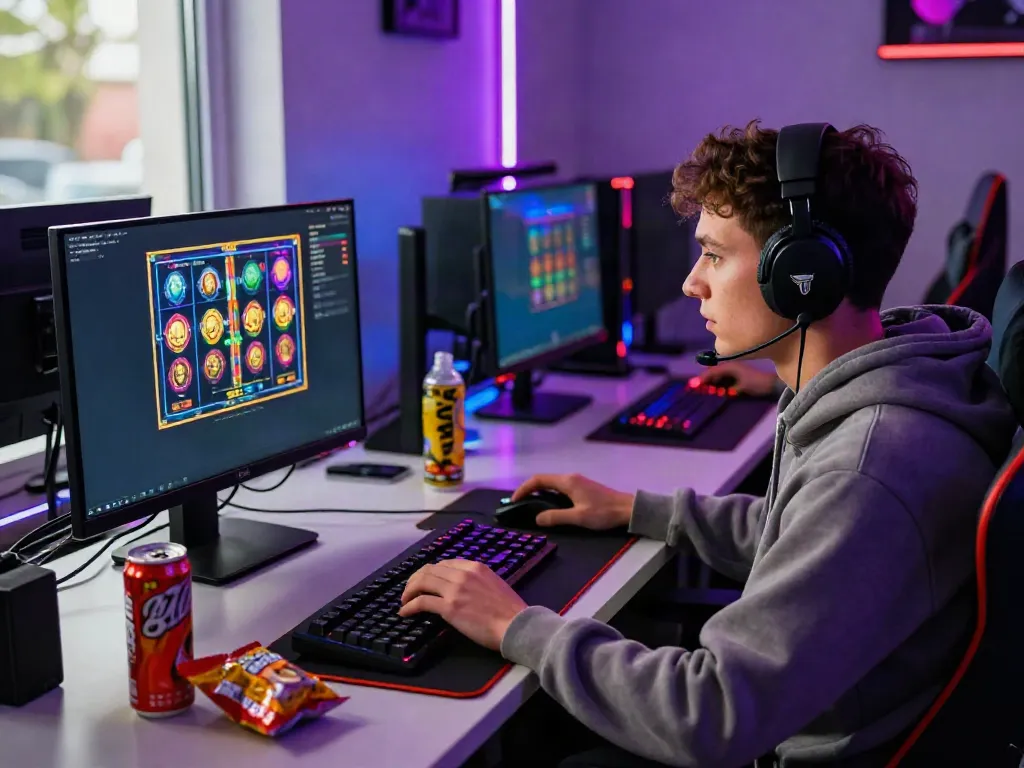 Engaged gamer playing akunjp online slot games in a modern gaming setup.