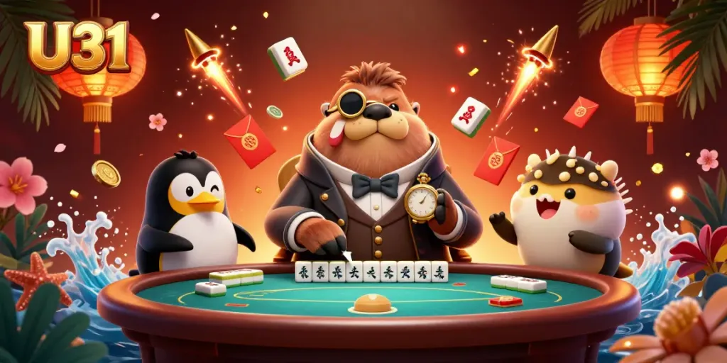 Engage in thrilling gameplay at U31, featuring a jolly walrus, sophisticated dealer, and a bluffing player in an underwater casino