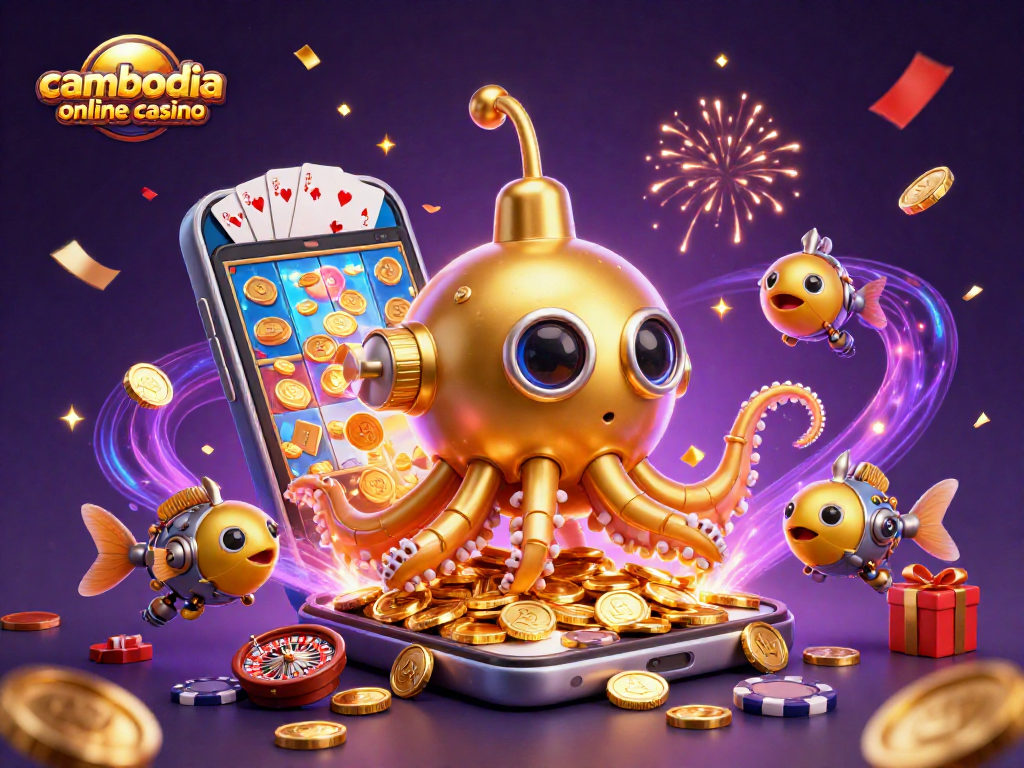 Experience the excitement of a cambodia online casino with vibrant slot games and golden treasures flooding the scene.