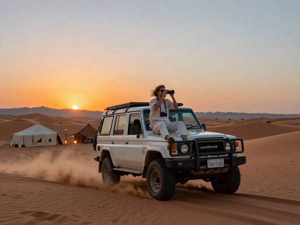 A traveler enjoying a slot desert safari adventure in a 4x4 vehicle against a stunning sunset backdrop.