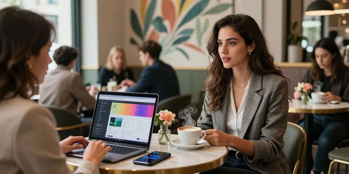 Gái gọi trò chuyện tại quán cà phê hiện đại, laptop bên cạnh với portfolio số trên màn hình.
