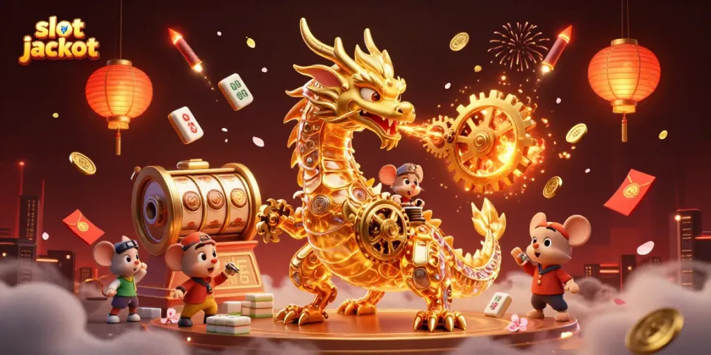 Engage with the thrilling slot jackpot adventure featuring a golden dragon and vibrant gaming elements