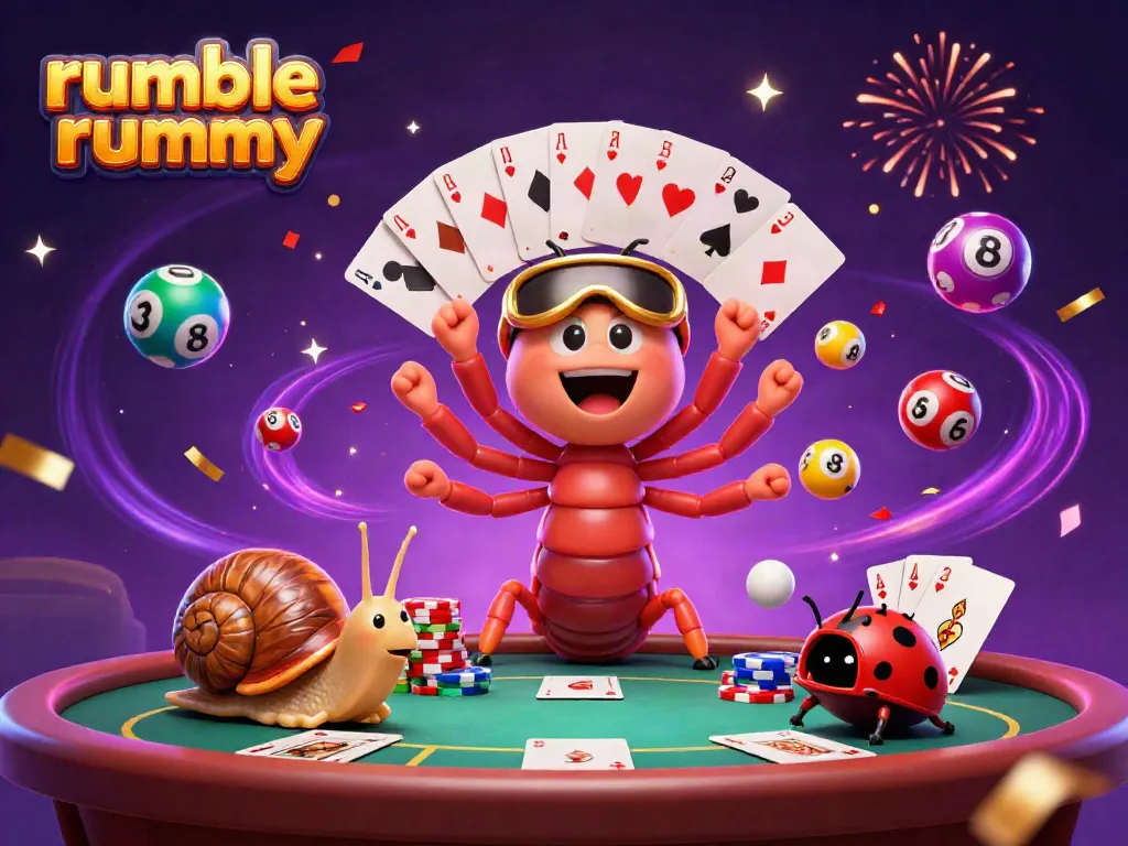 Experience the excitement of rumble rummy with a vibrant scene of playing cards, chip stacks, and animated characters.