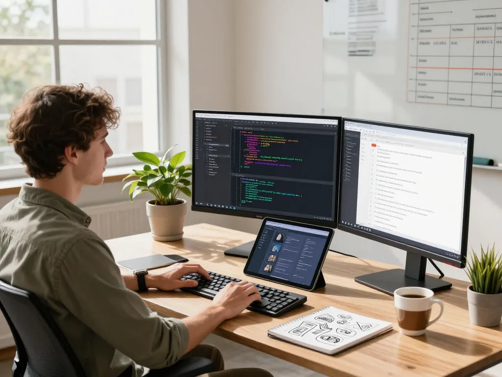 Developer coding on openclaw software in a vibrant office workspace.