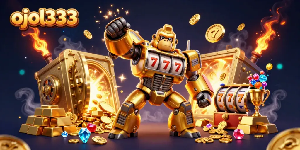Experience ojol333's excitement with a dynamic scene featuring a golden gorilla mech and casino treasures.