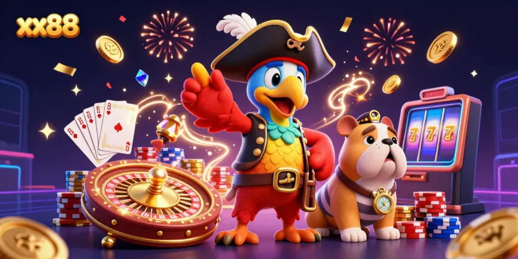 Experience the thrill of xx88 casino featuring cartoon pirate and allies amidst dazzling slot machine and roulette elements.