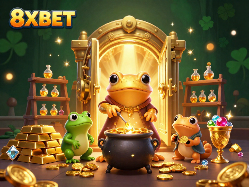 Experience the excitement of 8XBET with golden treasures and dynamic casino elements in a vibrant illustration.