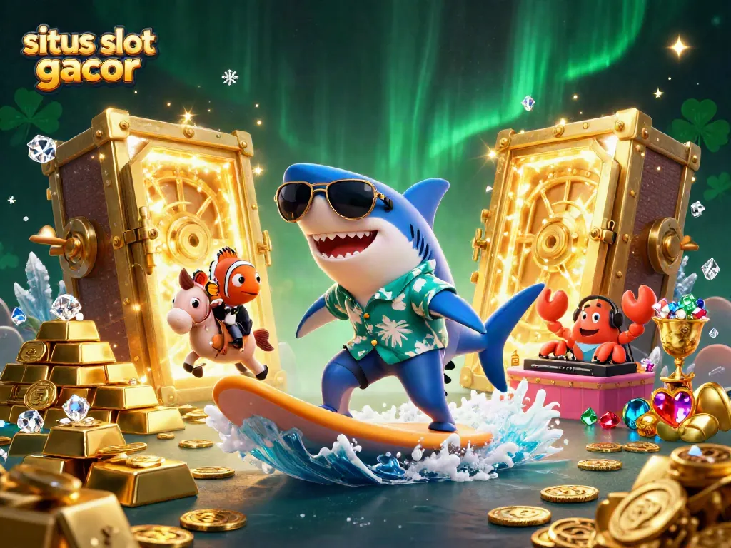Menggambarkan situs slot gacor dengan hiu kartun, ikan badut, dan kepiting DJ di taman coral, dikelilingi harta karun emas.