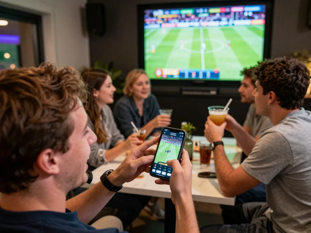 Placing bets using the sepuhplay link while enjoying a live sports event with friends in a vibrant lounge.