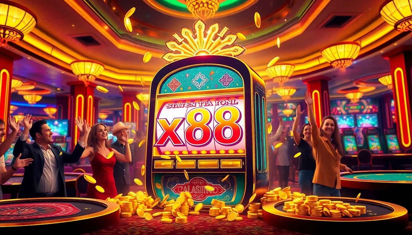 Players celebrating a big win on slot x88 in a luxurious casino atmosphere