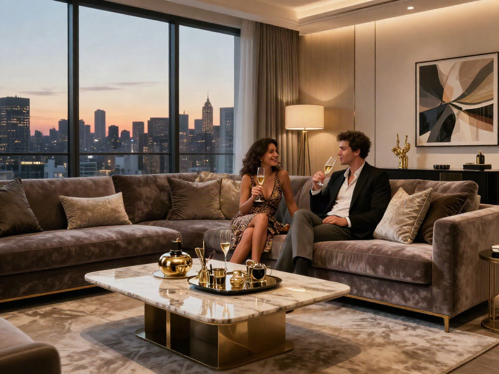 Interior ruang tamu mewah luxury111 dengan pasangan merayakan momen indah sambil menikmati champagne.