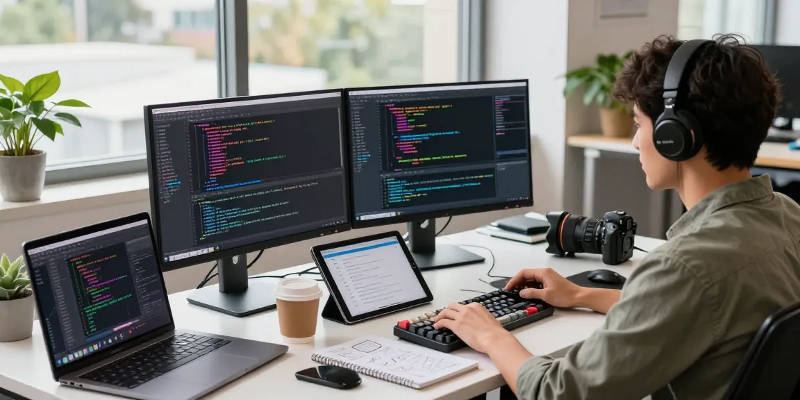 Developer engaging with crushonai software in a modern workspace with high-tech gadgets.