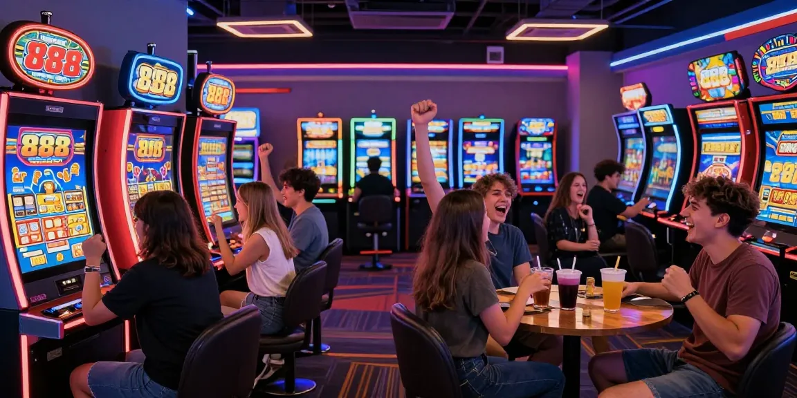 Menang besar di mesin slot 888 slots di arcade yang ramai dan penuh warna.