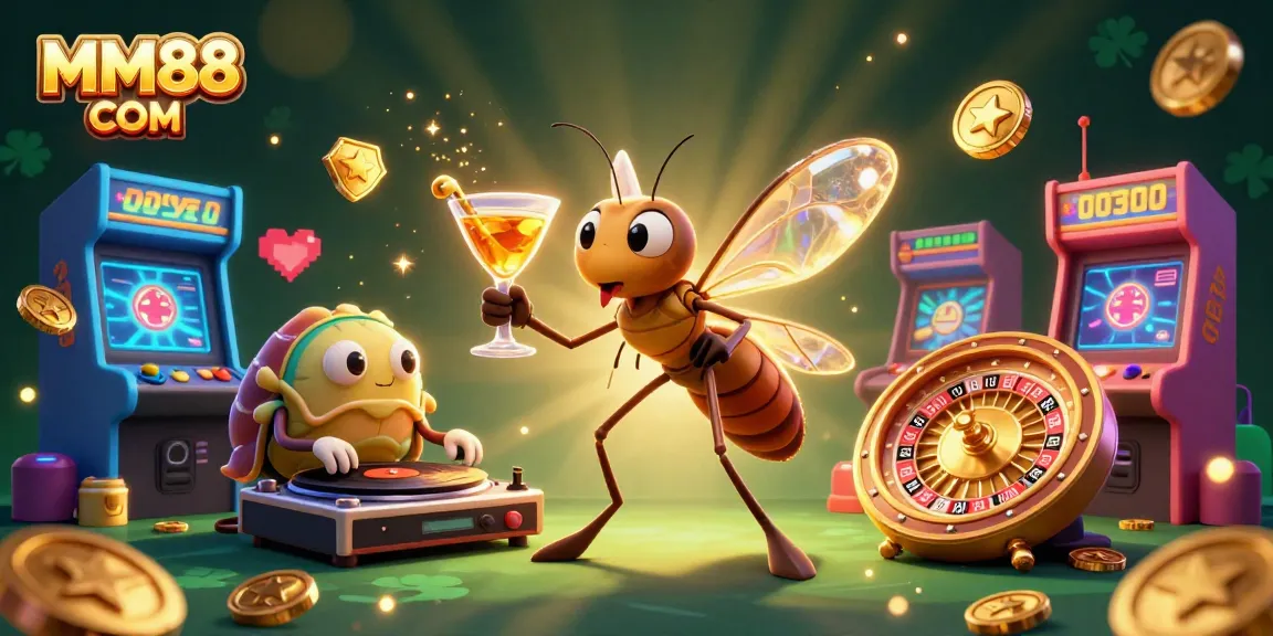 Engage with games at MM88 COM, featuring lively casino mascots and vibrant gaming elements.