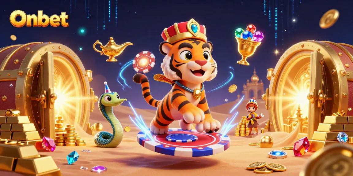 Onbet showcases a vibrant Arabian Nights-themed casino scene with a tiger sultan, treasure, and gaming elements.