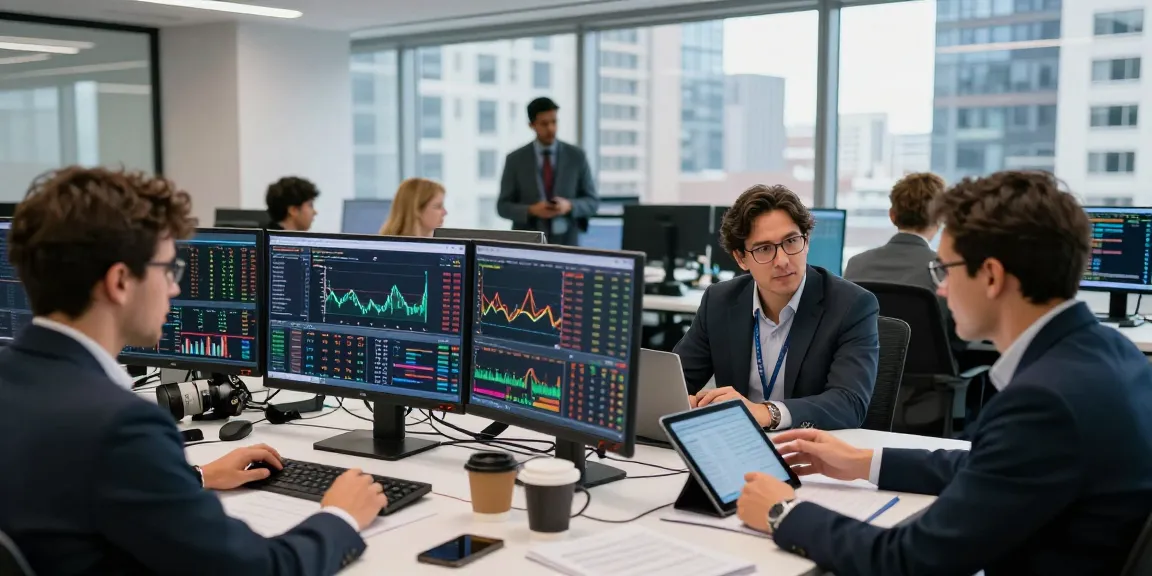 Suasana trading aktif dengan kakakjudi di kantor modern, trader menganalisis data pasar.