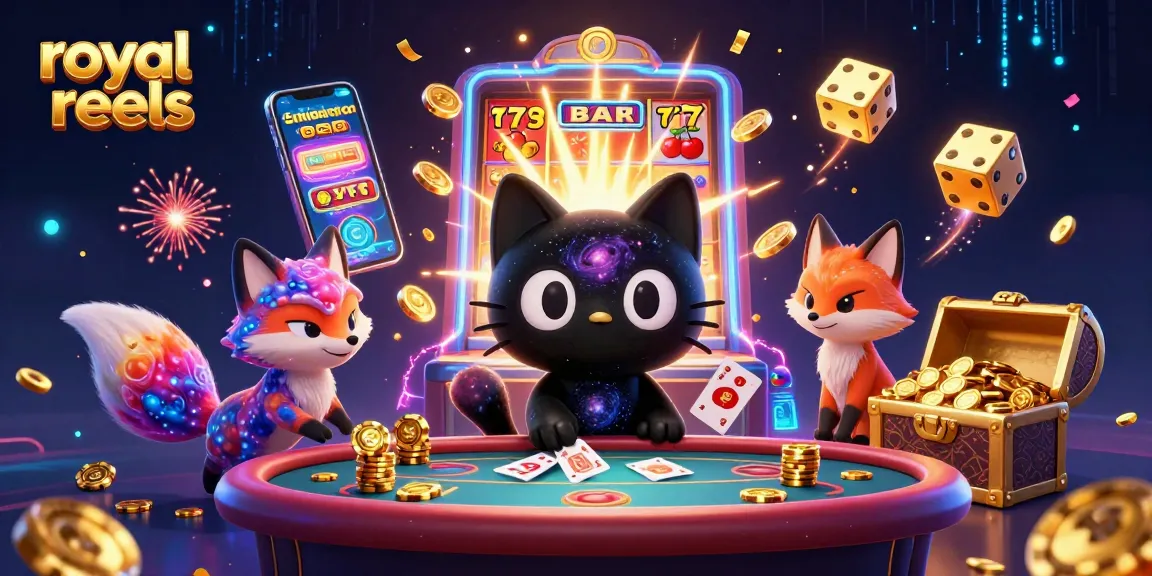 Engage with royal reels at a cosmic casino table in this vibrant 3D illustration.