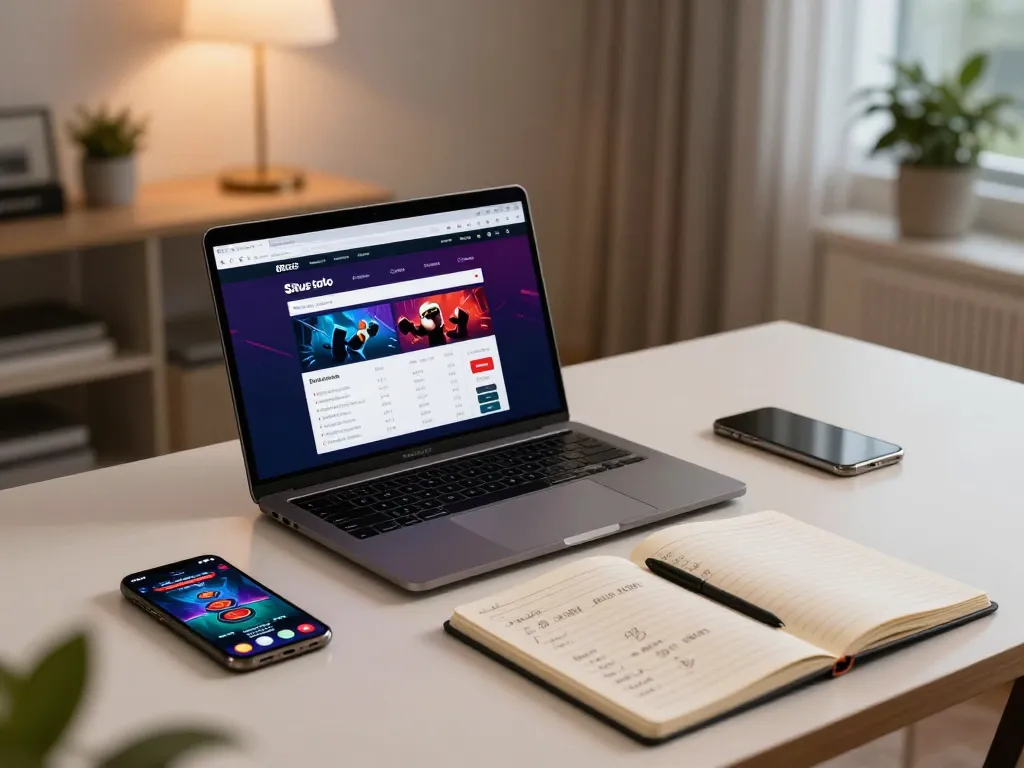 Pemain yang terlibat menjelajahi antarmuka taruhan situs toto di laptop gaya dalam pengaturan rumah modern.