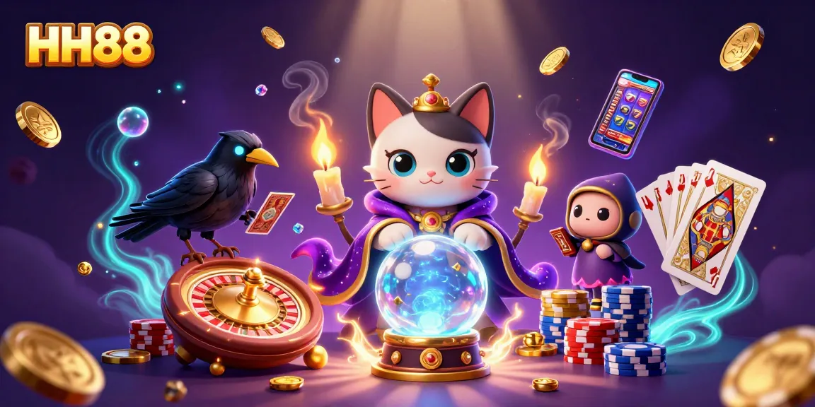 Experience thrilling HH88 casino games with a mystical cat fortune teller and enchanting visuals.