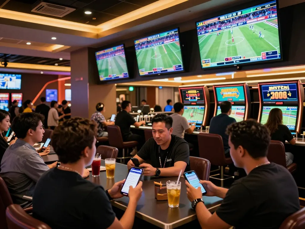 33win enthusiasts placing sports bets in a lively casino environment with screens showing live events