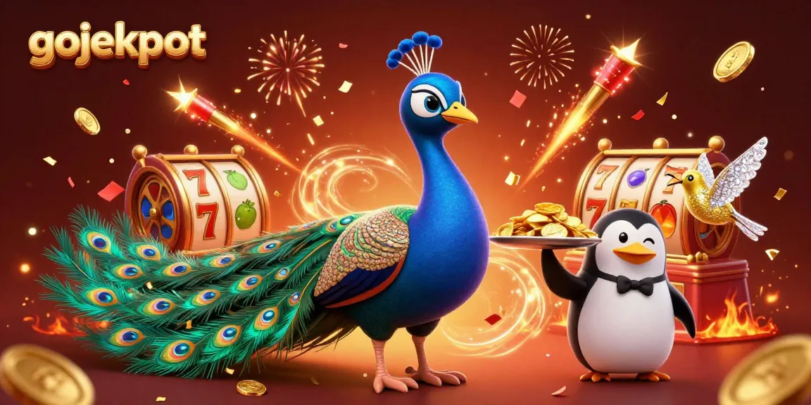 Embrace gojekpot excitement with a flashy 3D casino celebration, featuring spinning reels and dazzling characters.