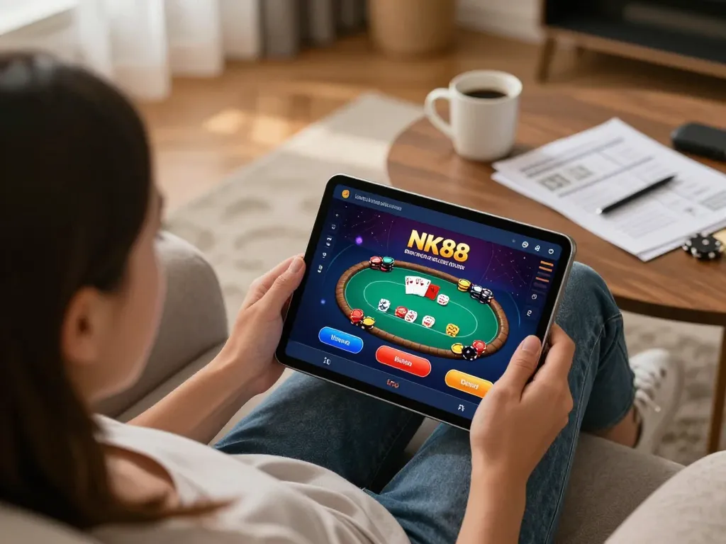 Player engaging with the NK88 casino app on a tablet, showcasing a poker game in a cozy home setting.